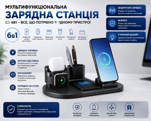 Безпроводная зарядка  6 в 1, мультифункціональна зарядна станція 6 в 1 HS-263